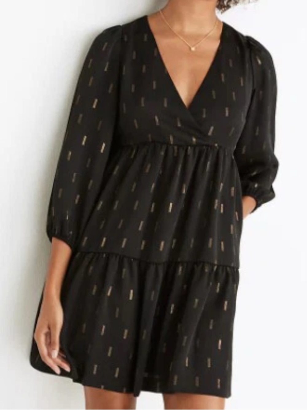 Madewell Black Gold Metallic Clip Dot Jacquard Faux Wrap Tiered Mini Dress S NWT